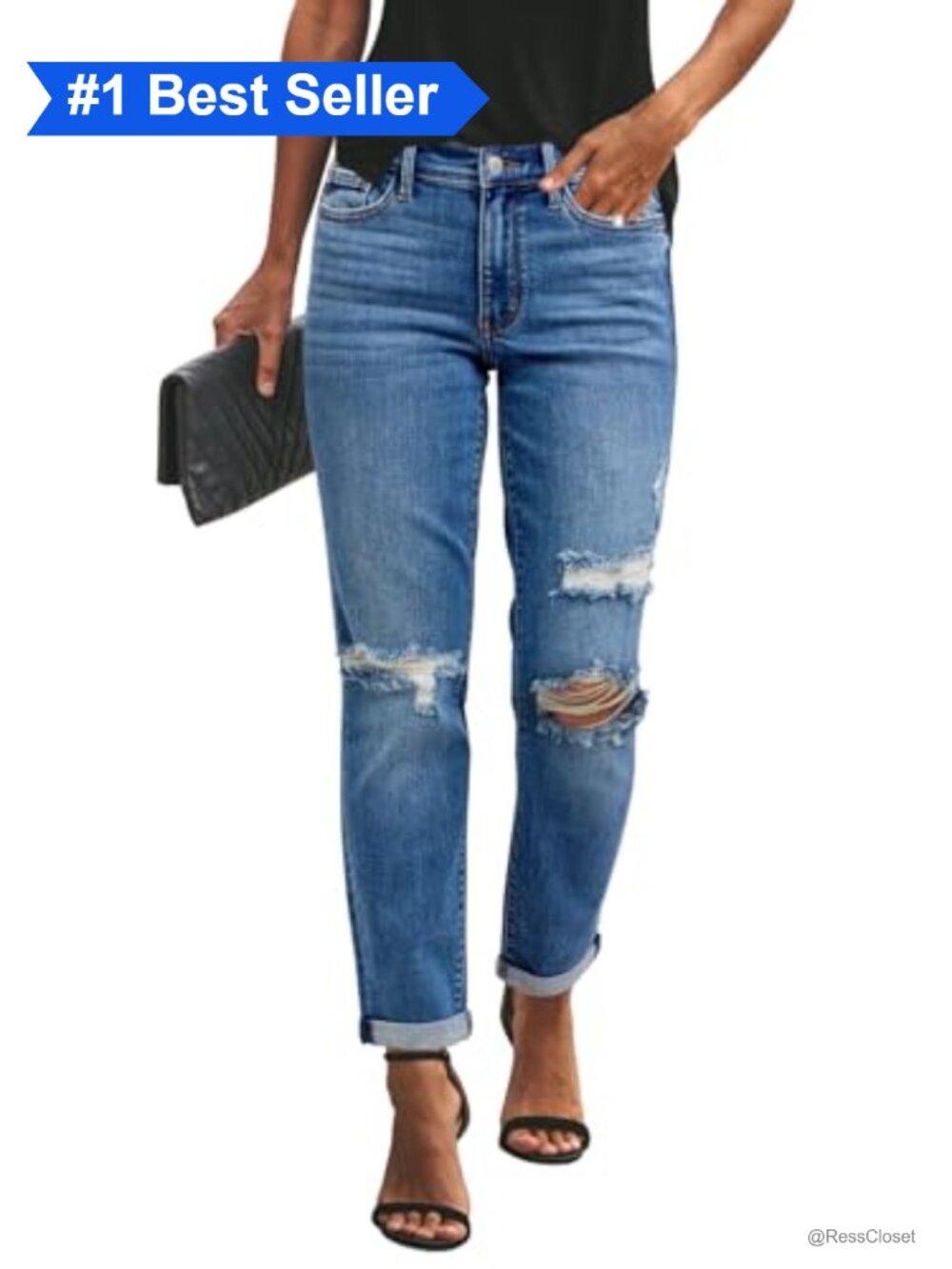 Women's Ripped Mid Rise Boyfriend Jeans Loose Fit Stretch Denim